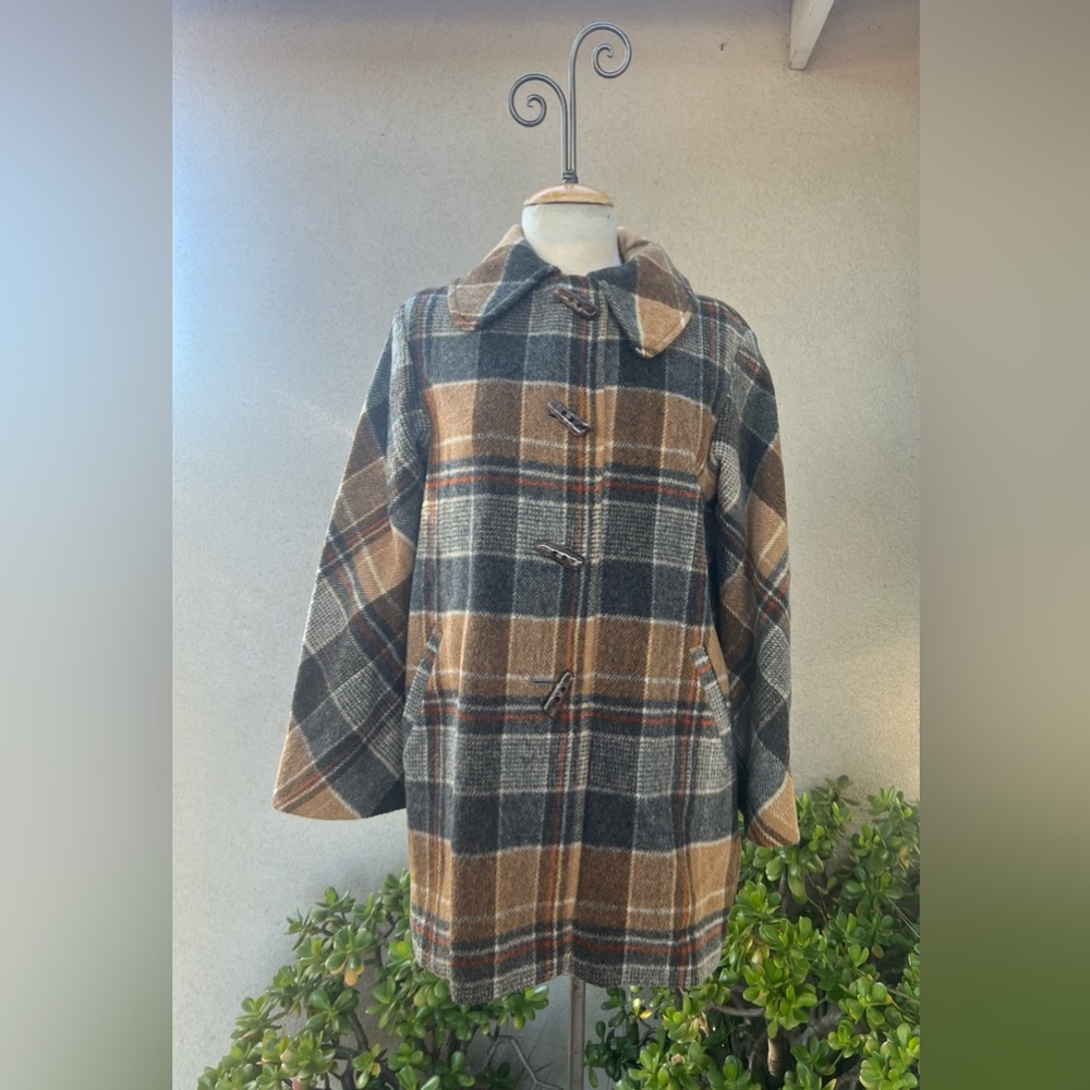 Vintage wool plaid jacket or short coat brown grey tones pockets Dee Dee Deb Med